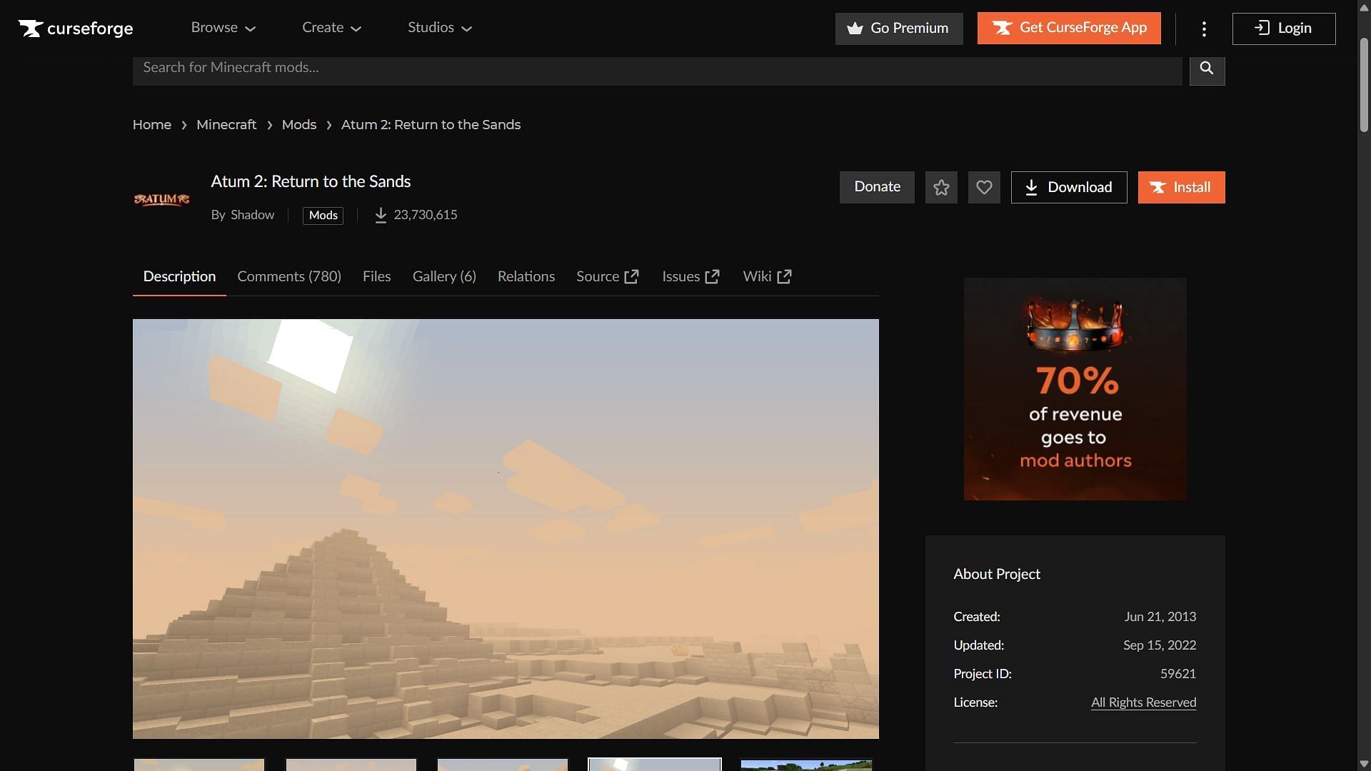 The Atum 2: Return to the Sands mod can be downloaded from the CurseForge website (Image via CurseForge/Shadow)